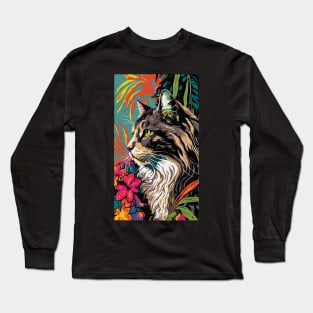 Maine Coon Cat Vibrant Tropical Flower Tall Retro Vintage Digital Pop Art Portrait 2 Long Sleeve T-Shirt